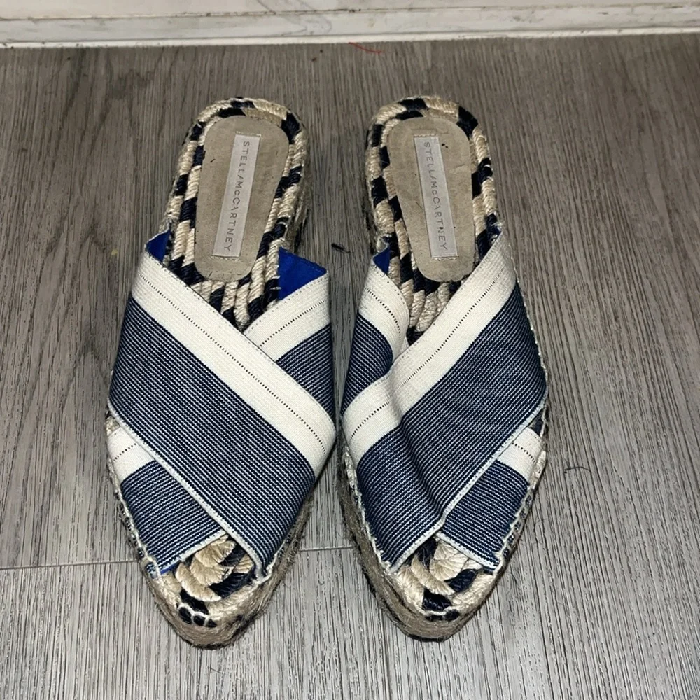 Stella McCartney Navy Blue/Beige Canvas Peep-Toe Espadrille Platform Sandals